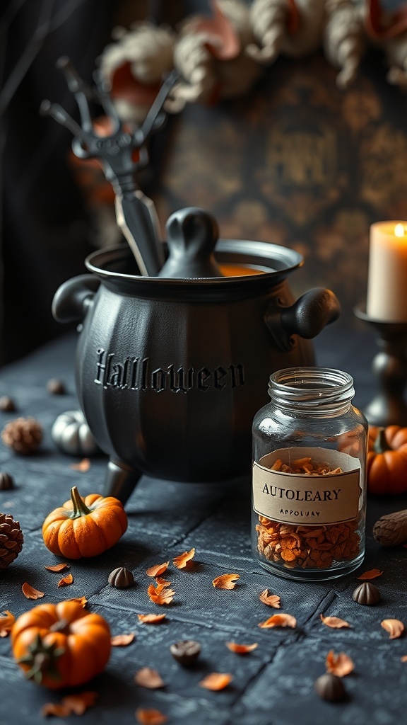 Spooky Halloween tabletop centerpiece featuring a black cauldron, mini pumpkins, and decorative elements.