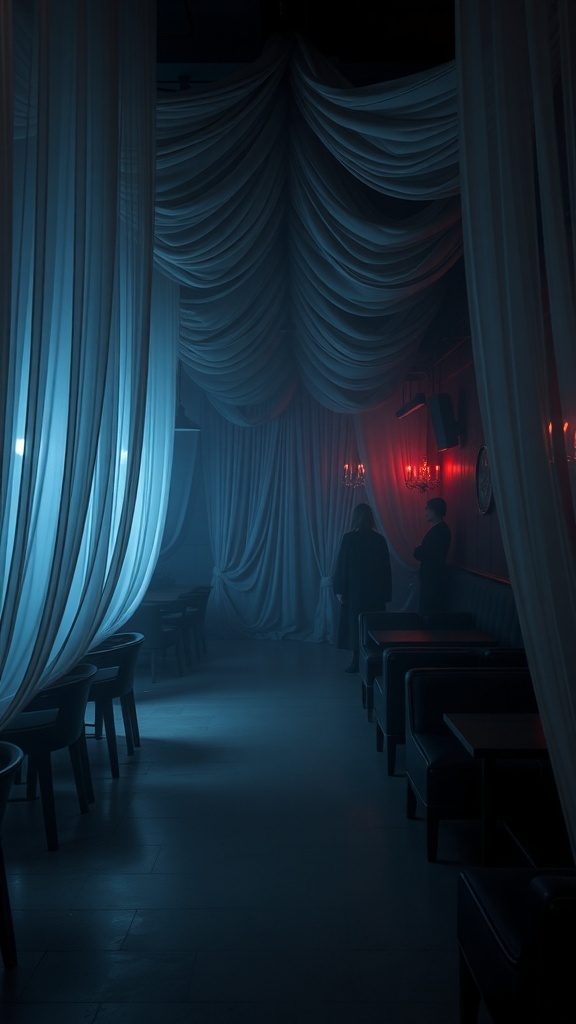 A spooky tent setup with chiffon drapes and eerie lighting.