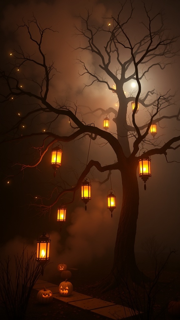 A spooky tree with glowing lanterns and carved pumpkins, creating a haunting Halloween atmosphere.