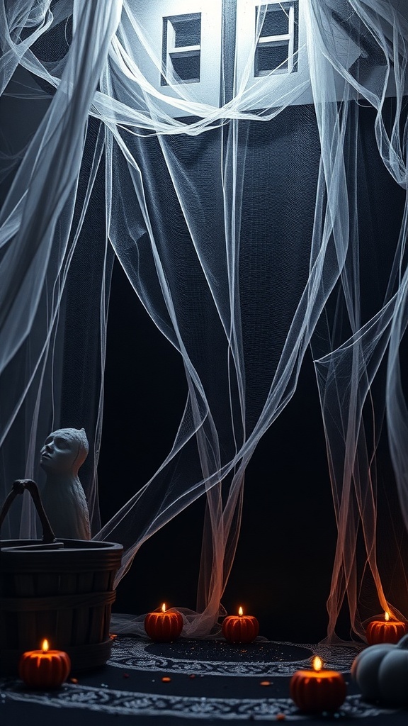 Spooky twig webs with glowing accents, featuring pumpkins and a decorative owl.