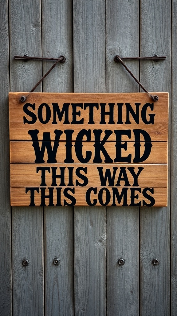 Wooden sign with the phrase 'Something Wicked This Way Comes' hanging on a rustic wall.