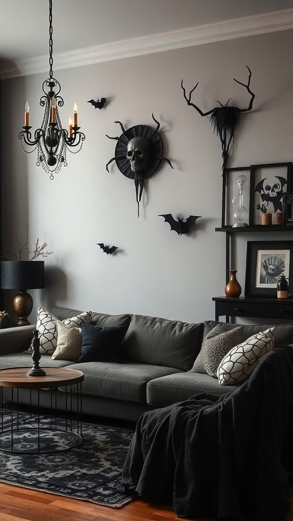 A cozy Halloween living room with dark decor, including a chandelier, bat wall art, and a skull centerpiece.