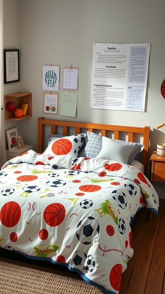 A cozy bed with sports-themed bedding featuring various sports balls like basketballs, soccer balls, and baseballs.