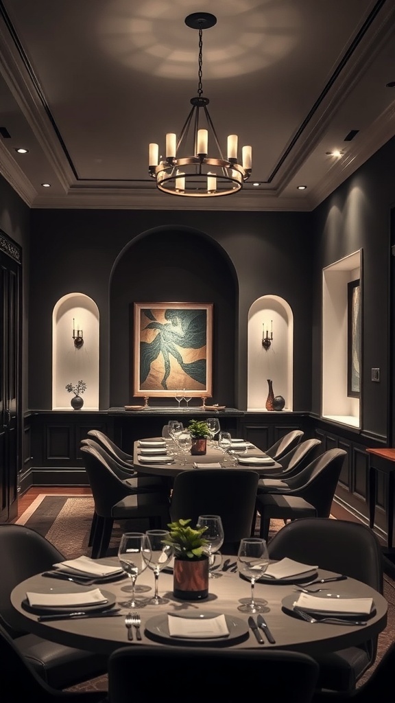 A stylish dining room featuring a chandelier, wall sconces, and artwork illuminated by soft lighting.