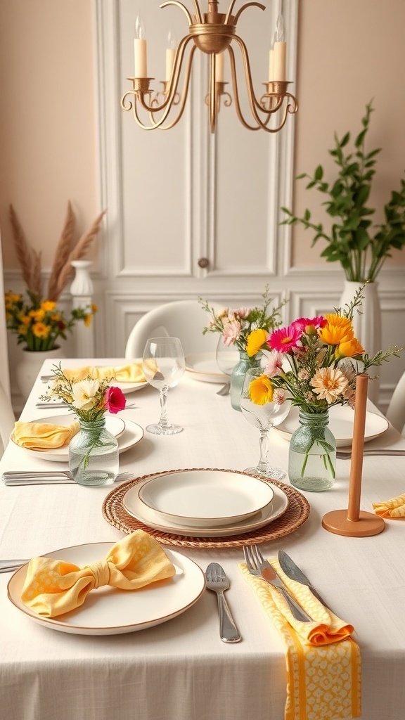 A beautifully set dining table with flowers, plates, and napkins in spring colors.