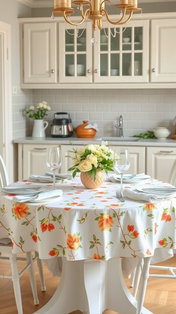 A round table set with a floral tablecloth, elegant glassware, and a vase of flowers, creating a spring-themed kitchen decor.