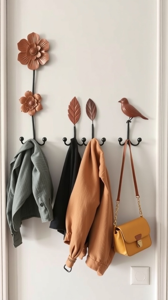 Spring-themed wall hooks with floral and bird designs, displaying jackets and a bag.