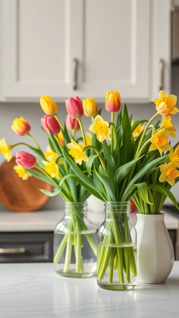 Spring floral arrangements featuring tulips and daffodils in vases on a kitchen countertop.