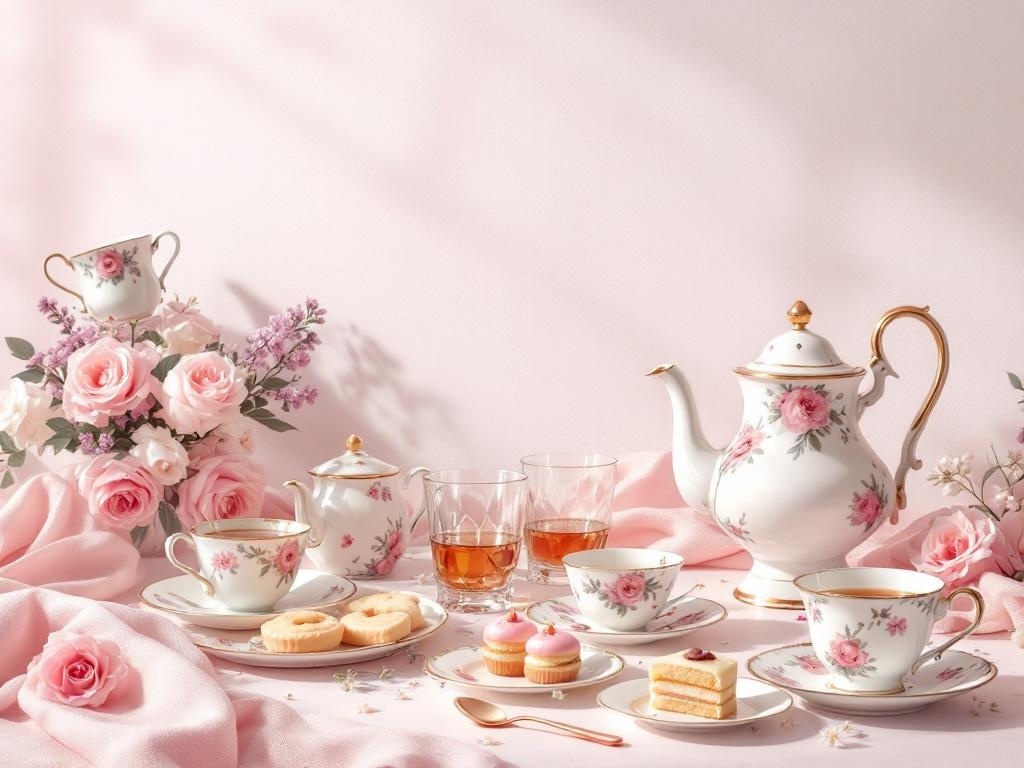 A beautifully arranged spring tea party setting with floral china, pastries, and pink roses.