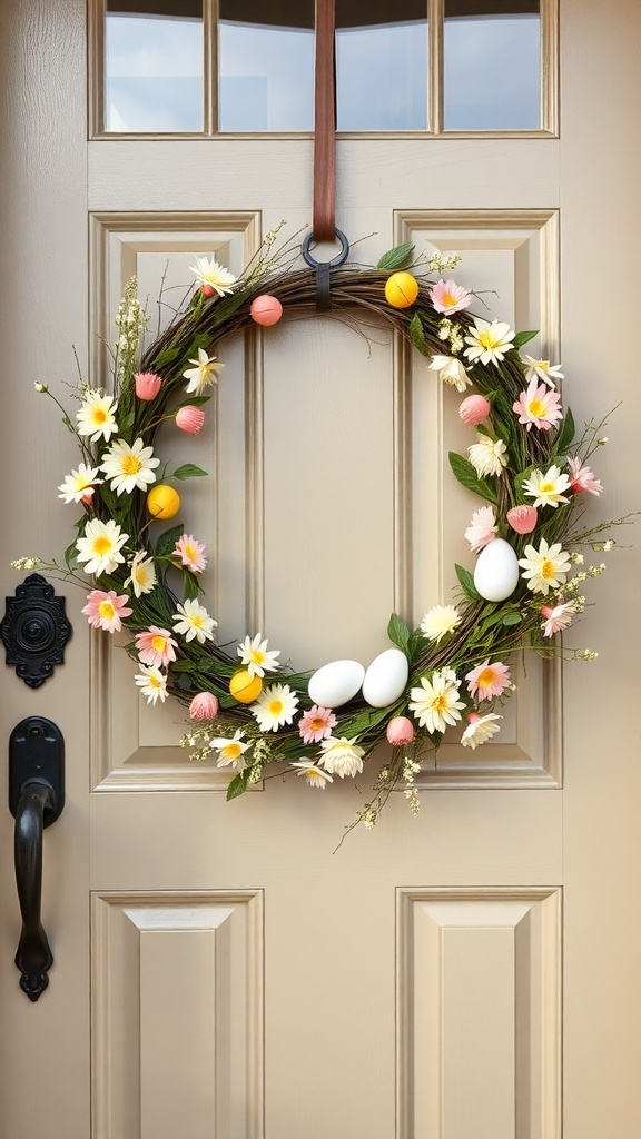 A spring wreath with pastel flowers and eggs hanging on a front door.