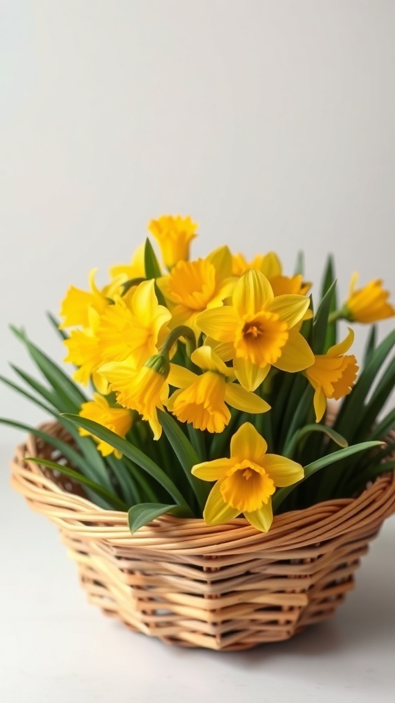 A vibrant arrangement of yellow daffodils in a wicker basket.