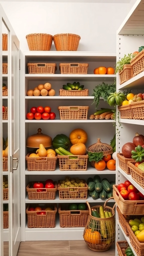 A well-organized pantry with stackable baskets filled with fruits and vegetables.
