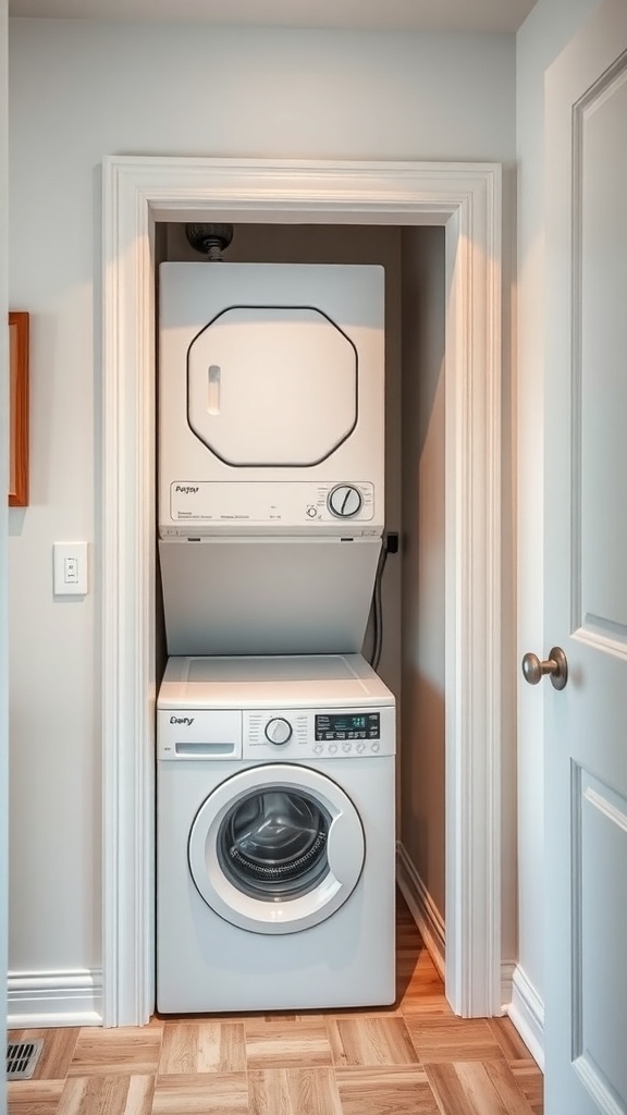 Stackable washer-dryer units in a compact laundry space.