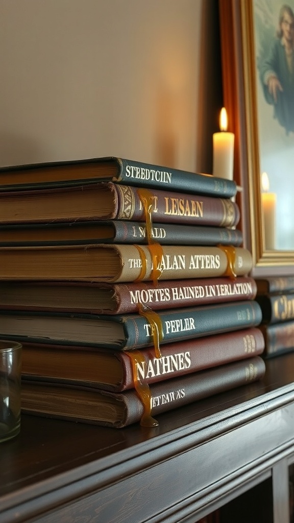 A stack of antique books with melted candle wax on top, creating a rustic Halloween decor.
