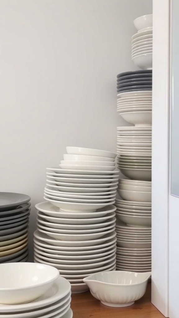 A neatly stacked arrangement of white and gray dishware in a kitchen corner.