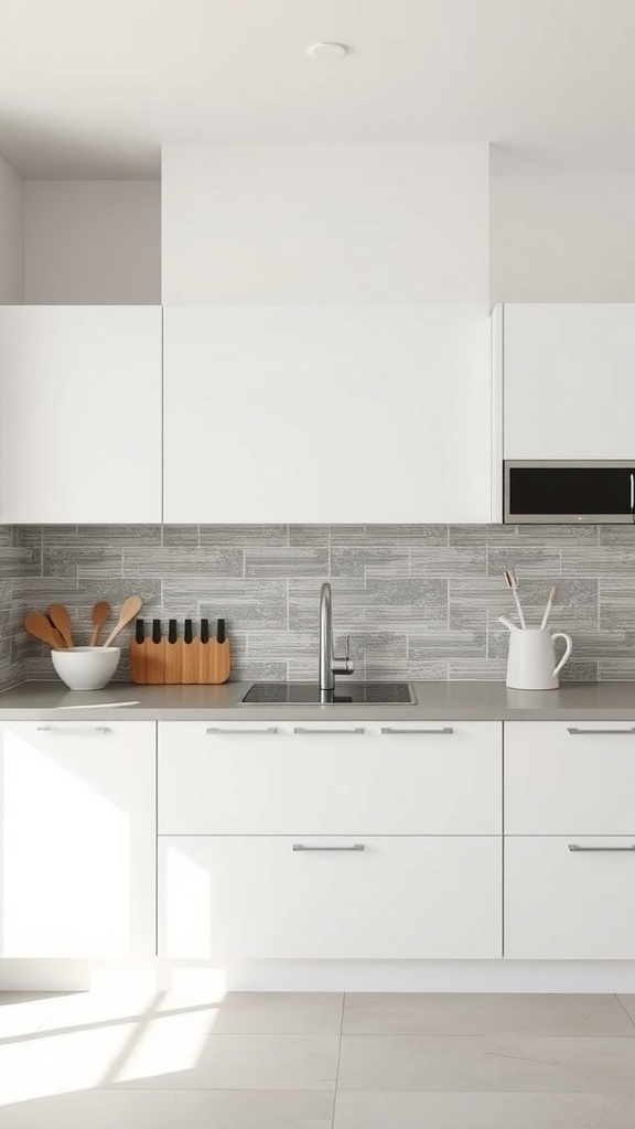 Modern kitchen with stacked vertical gray tiles as backsplash, white cabinets, and minimalist design.