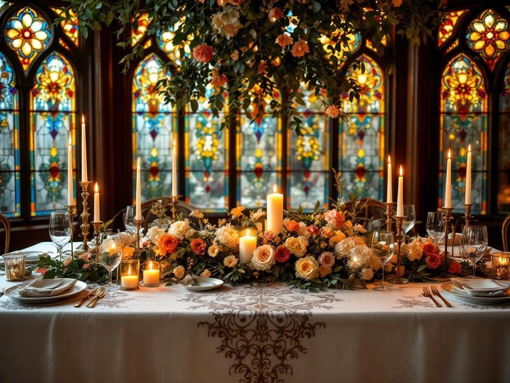 A beautifully set table with stained glass windows in the background, featuring floral arrangements, candles, and elegant tableware.