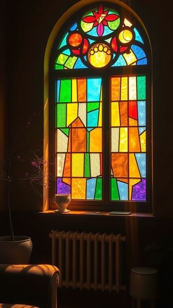 A stained glass window with colorful geometric patterns, casting vibrant light into a room.