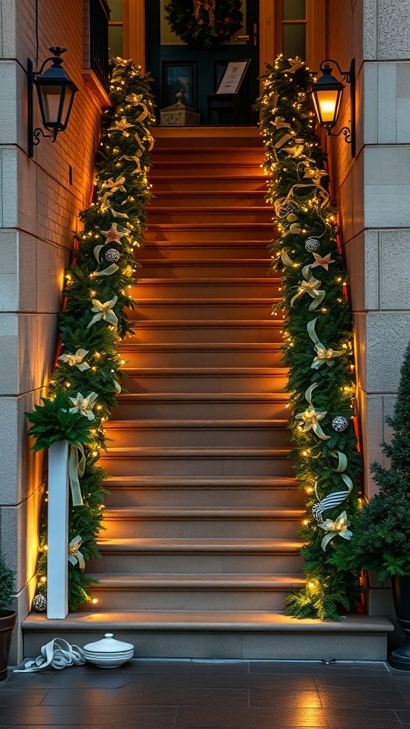 A staircase decorated with garland and warm lights, featuring gold ribbons and ornaments.