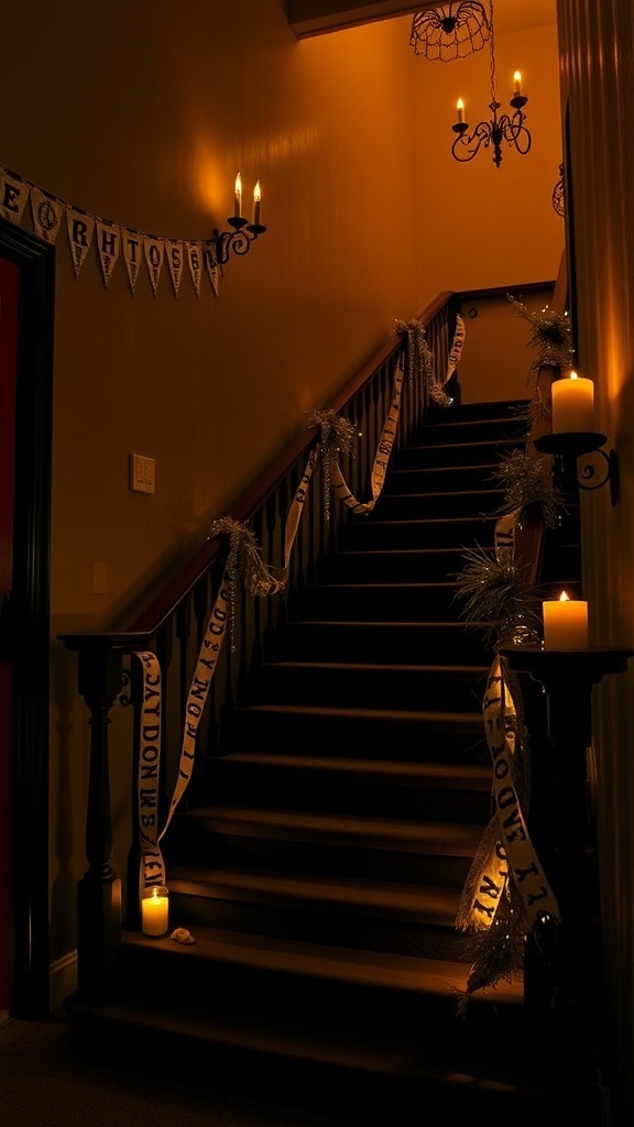 A staircase decorated with Halloween fright tape and candles, creating a spooky atmosphere.