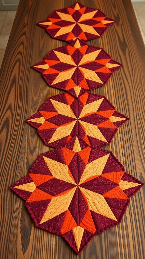 A quilted table runner featuring star-shaped blocks in burnt orange and deep burgundy on a wooden table.
