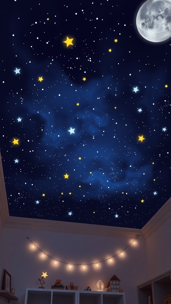 A ceiling painted with stars and a moon, creating a starry night effect in a kids' room.