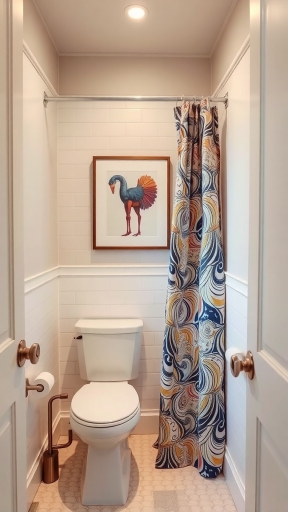 A small bathroom featuring a colorful shower curtain and a framed artwork, showcasing stylish accents.