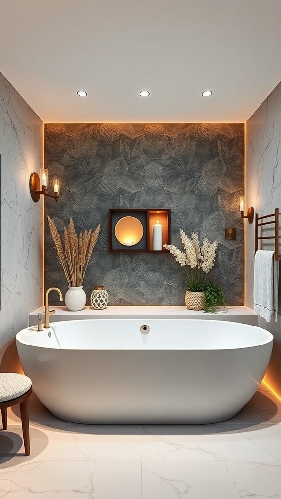 A modern bathroom featuring a freestanding white bathtub, textured wall, and warm lighting.