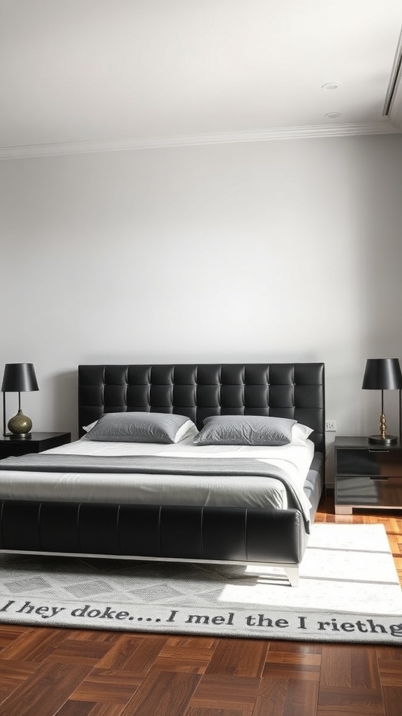 Stylish black leather bedframe in a modern bedroom with minimal decor.