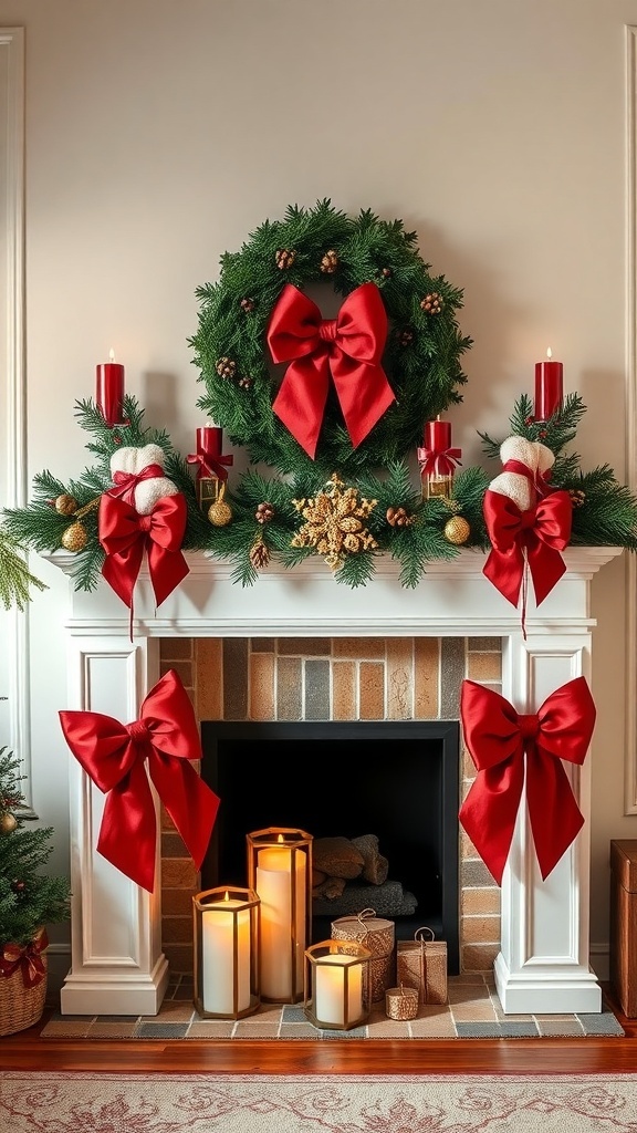 A decorated mantel with red bows, greenery, and candles for Christmas.