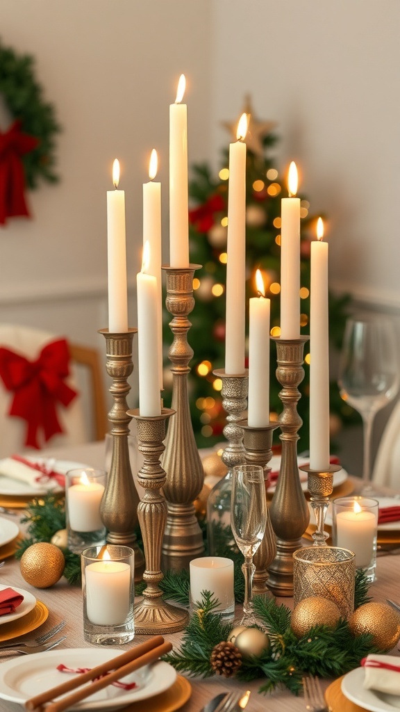 A beautifully arranged table with tall white candles in ornate holders, surrounded by greenery and gold ornaments, creating a festive centerpiece.