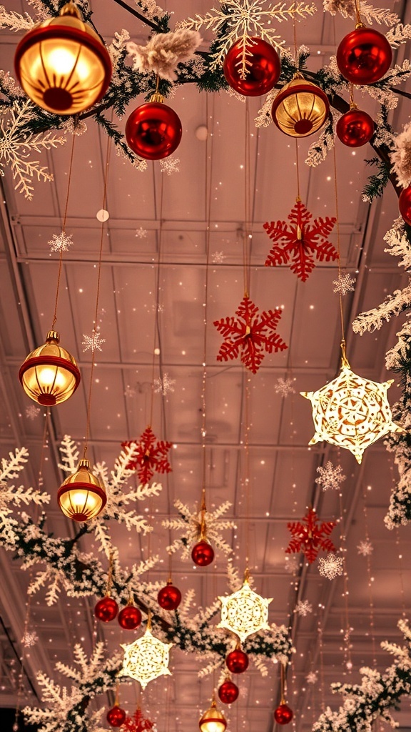 Decorative ceiling with red ornaments, white snowflakes, and lanterns for Christmas