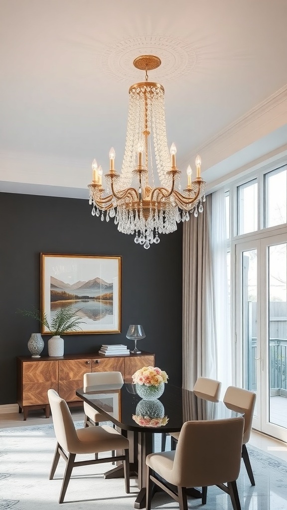 A luxurious chandelier hanging in a modern dining room with elegant decor.