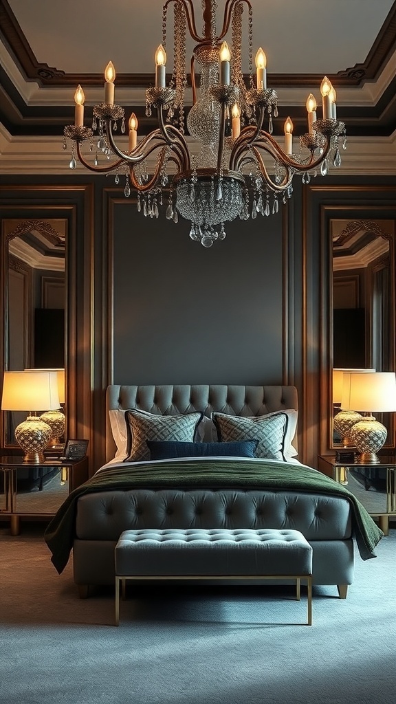 A luxurious dark feminine bedroom featuring a chandelier, upholstered bed, and elegant decor.
