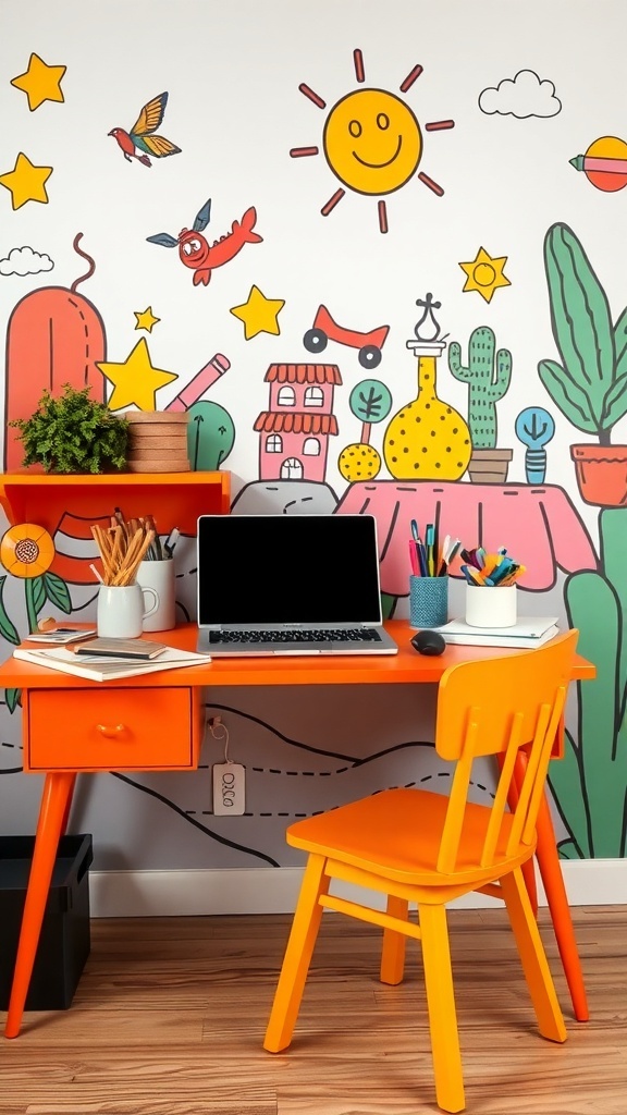 A vibrant orange desk with a matching chair, surrounded by colorful wall art featuring a sun, stars, and plants.