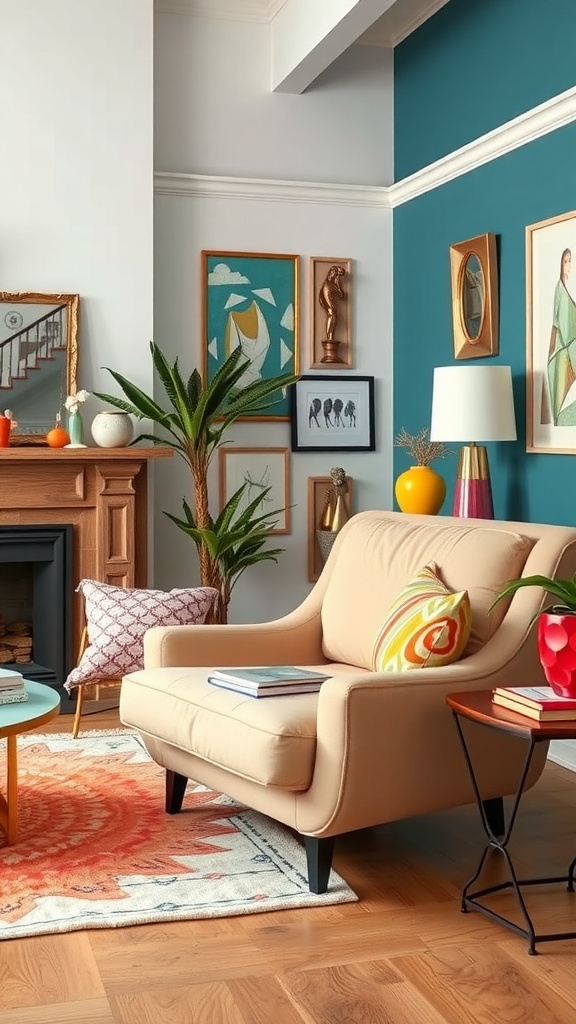 A stylish living room featuring a beige armchair, vibrant teal wall, eclectic art, and a cozy atmosphere.