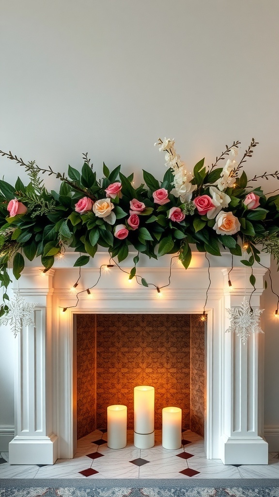 A beautifully styled mantel with a lush garland of roses and greenery, adorned with fairy lights and candles.