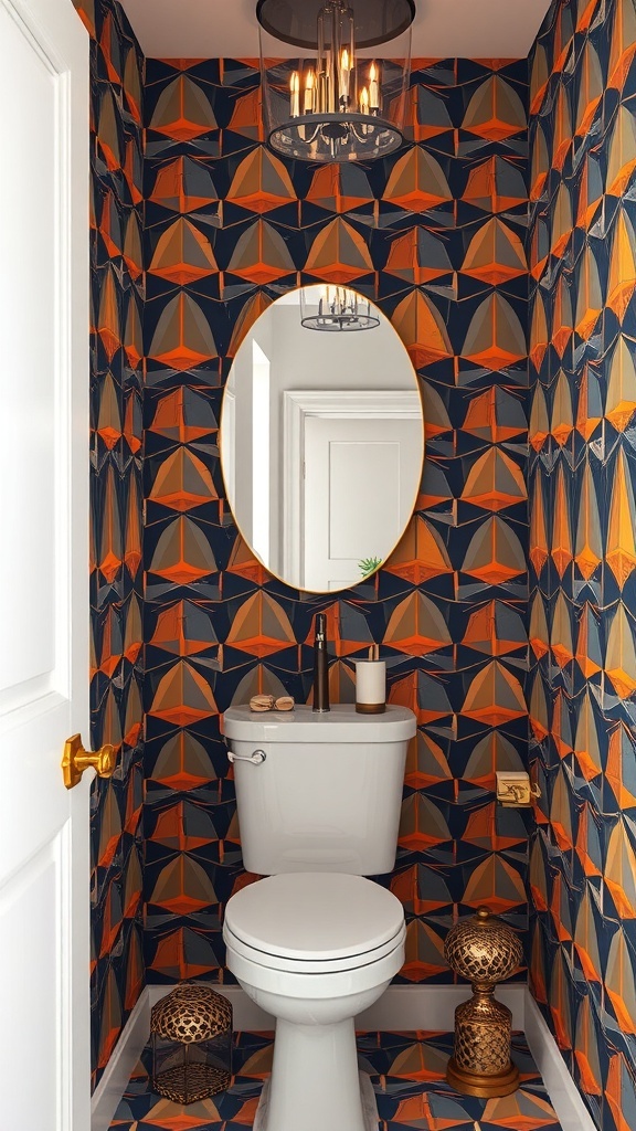 A small bathroom featuring bold geometric wallpaper in navy and orange, with a round mirror and stylish lighting.