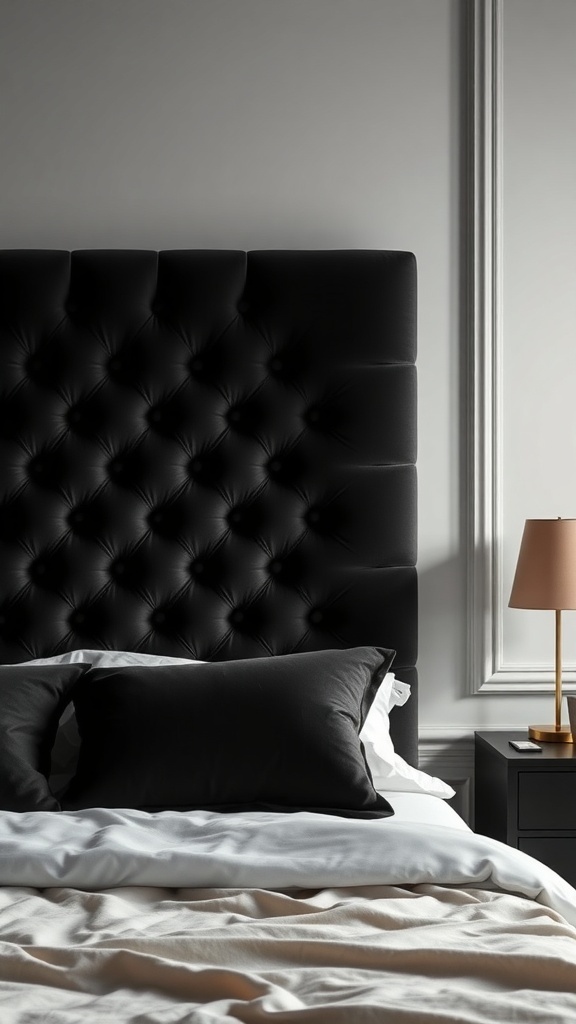 A plush black tufted headboard in a dark feminine bedroom, with soft bedding and a warm lamp.