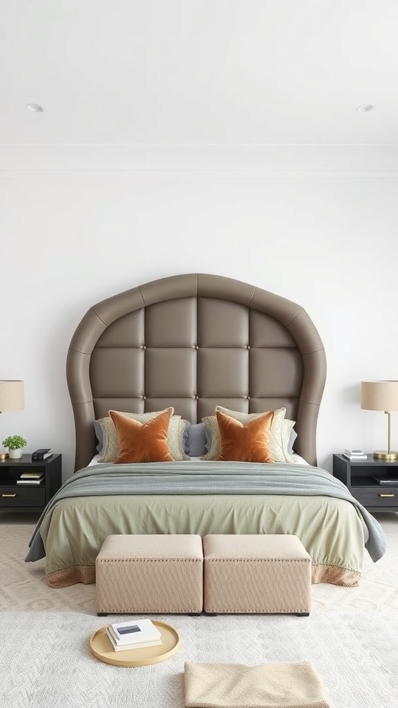 A modern bedroom featuring a large, rounded upholstered headboard in a neutral color, complemented by decorative pillows and a cozy bedding arrangement.