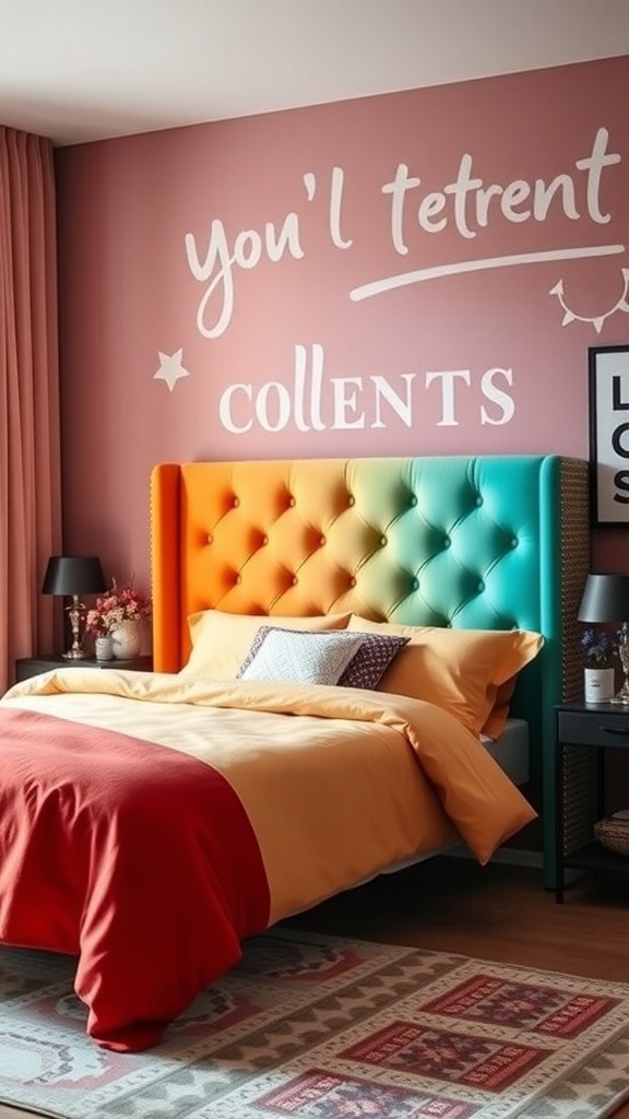 A colorful tufted headboard in a stylish teen bedroom with a pink wall and cozy bedding.