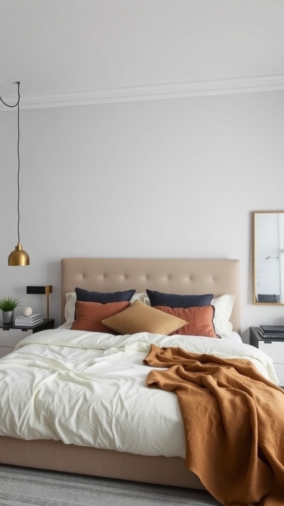 A cozy bedroom featuring a stylish beige upholstered headboard with colorful throw pillows and a warm blanket.