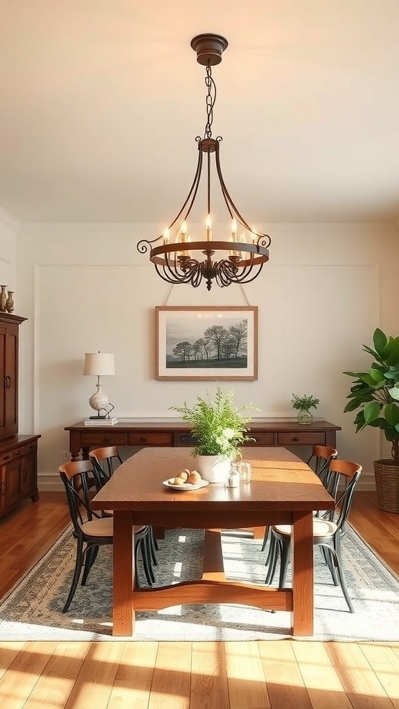 A modern farmhouse dining room featuring a wrought iron chandelier above a wooden dining table surrounded by black chairs.