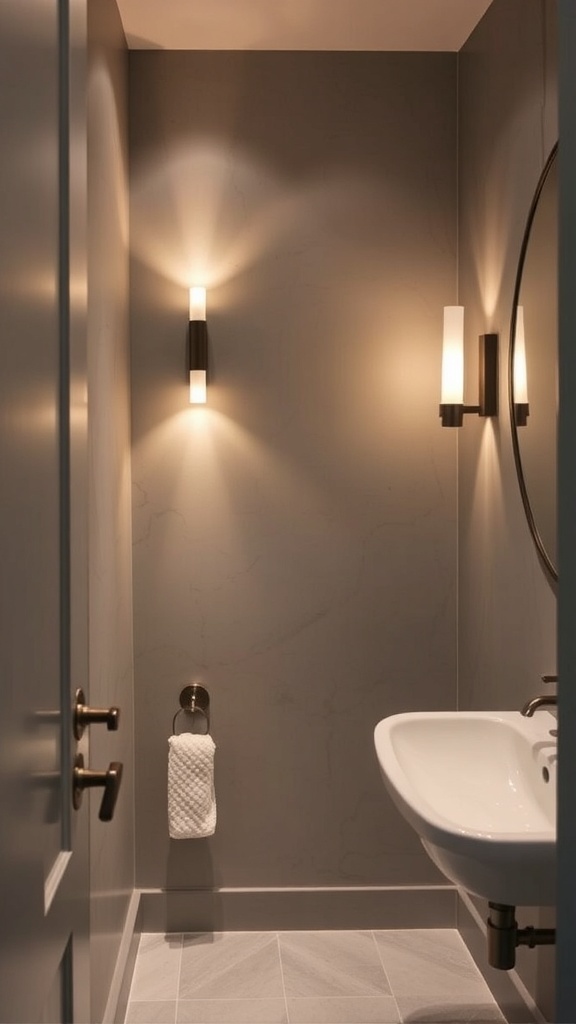 A modern small bathroom featuring stylish wall sconces that illuminate the space with a warm glow.