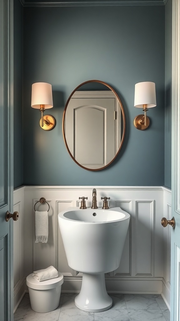 A stylish tiny powder room featuring blue walls, a round mirror, and elegant wall sconces.