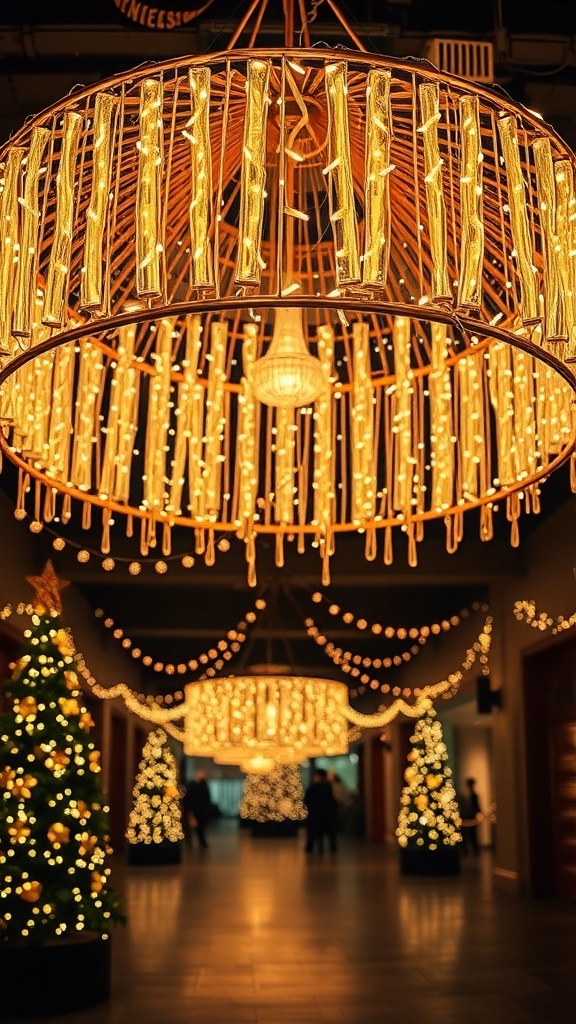 Stylish chandeliers with warm lights and Christmas trees in a festive setting