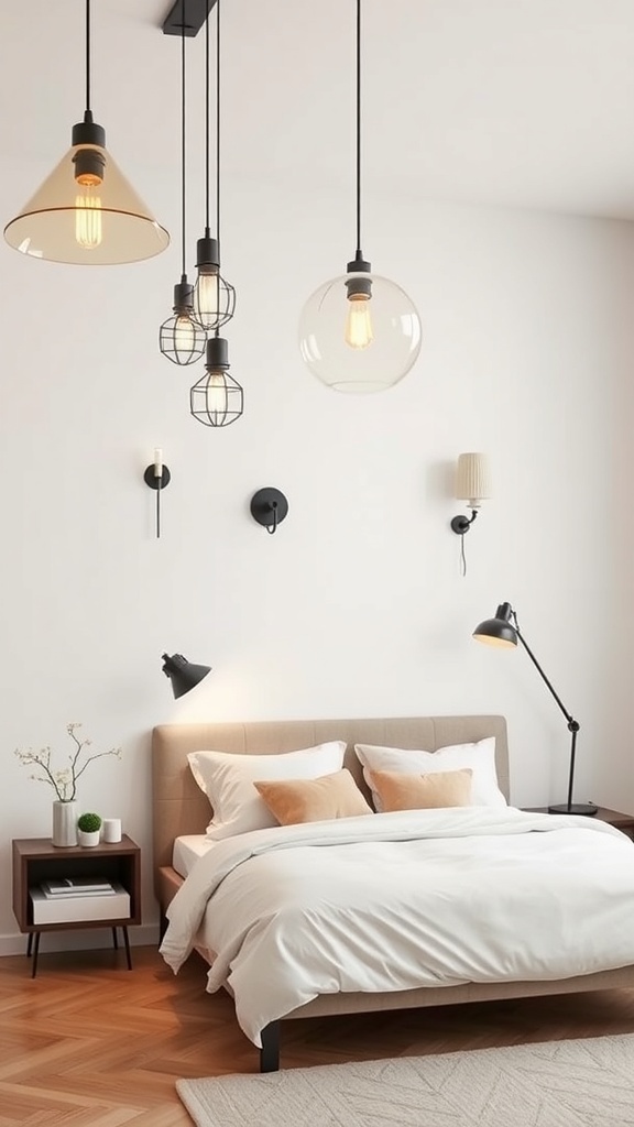 Stylish bedroom with various statement lighting fixtures including pendant lights and wall sconces.