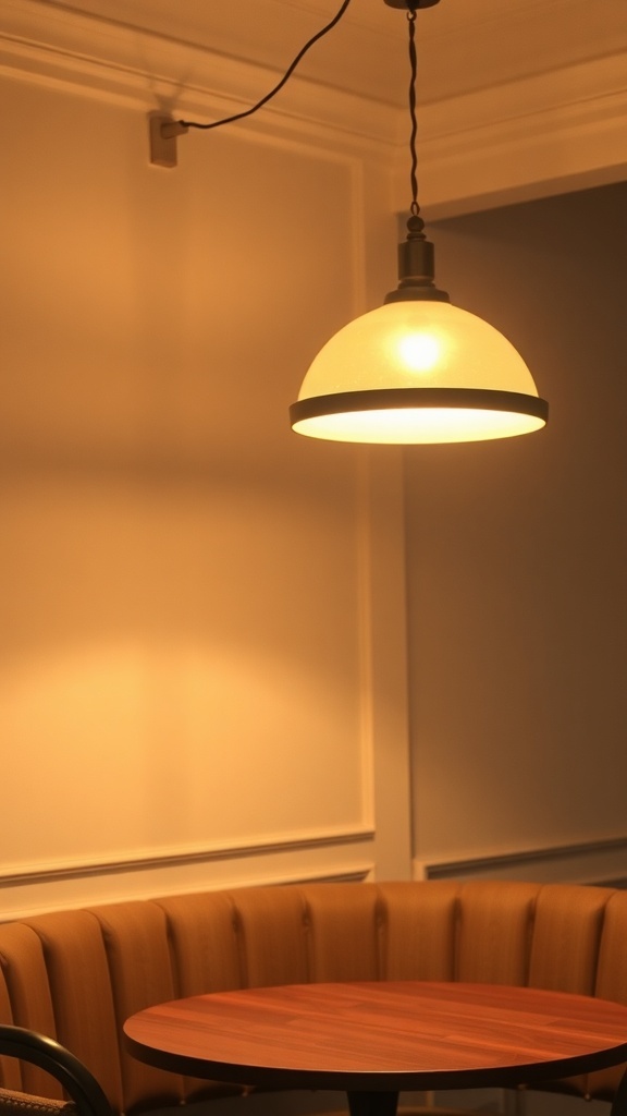 A pendant light illuminating a cozy corner dining nook with a round table.
