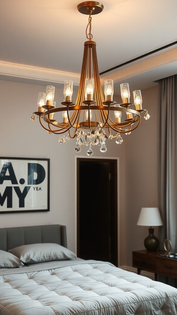 A stylish mid-century chandelier with multiple lights and glass accents hanging in a modern bedroom.