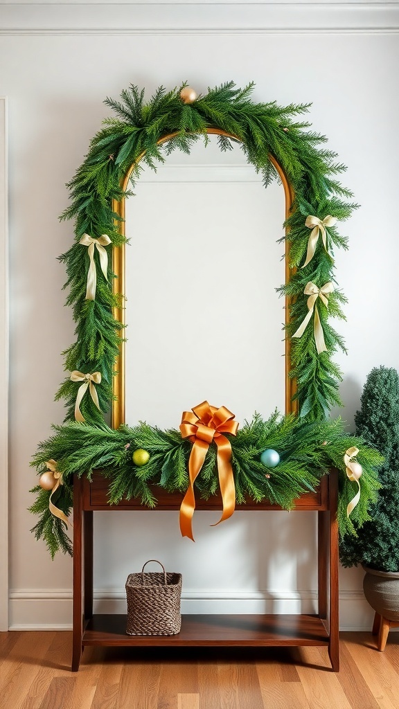 A festive entryway featuring a large mirror framed with evergreen garlands, ribbons, and ornaments, above a wooden table.